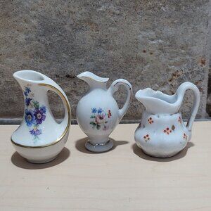 Miniature Porcelain Pitchers Floral Designs Gold Trim Set of 3
